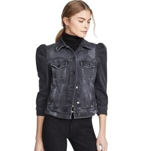 Retrofete Ada Black Denim Jacket Medium Puff Sleeve Distressed Acid Wash Crop